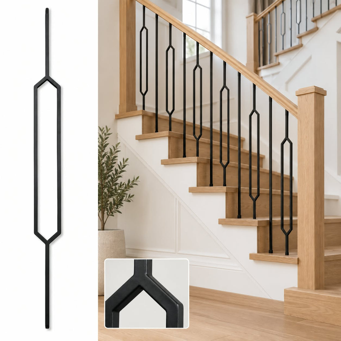 Modern SQUARE POINTED TOP Hexagon - Iron Baluster - 1/2" x 44" - T88