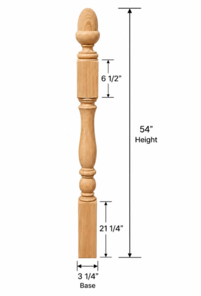 Traditional turned newels 3 ¼” x 54” - 6.5” Head, Short Face - ROA-D3012-54